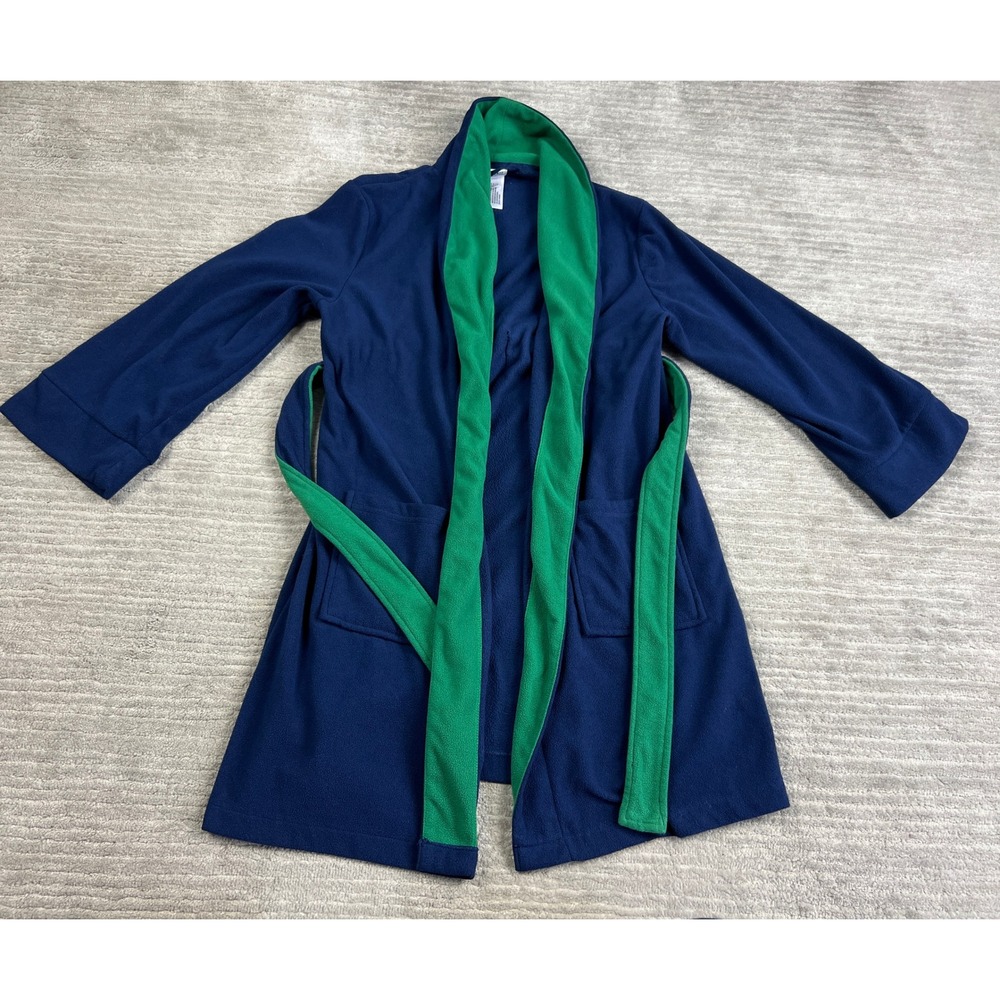 Cherokee Robe Kids Medium 8-10 Navy Blue Green Fleece Sleepwear Shawl Collar Tie